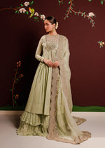 Pistachio Green Embellished Rawsilk Organza Pishwas (3-Piece) - Image 2