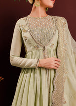 Pistachio Green Embellished Rawsilk Organza Pishwas (3-Piece) - Image 3