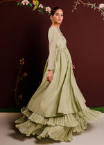 Pistachio Green Embellished Rawsilk Organza Pishwas (3-Piece) - Image 5