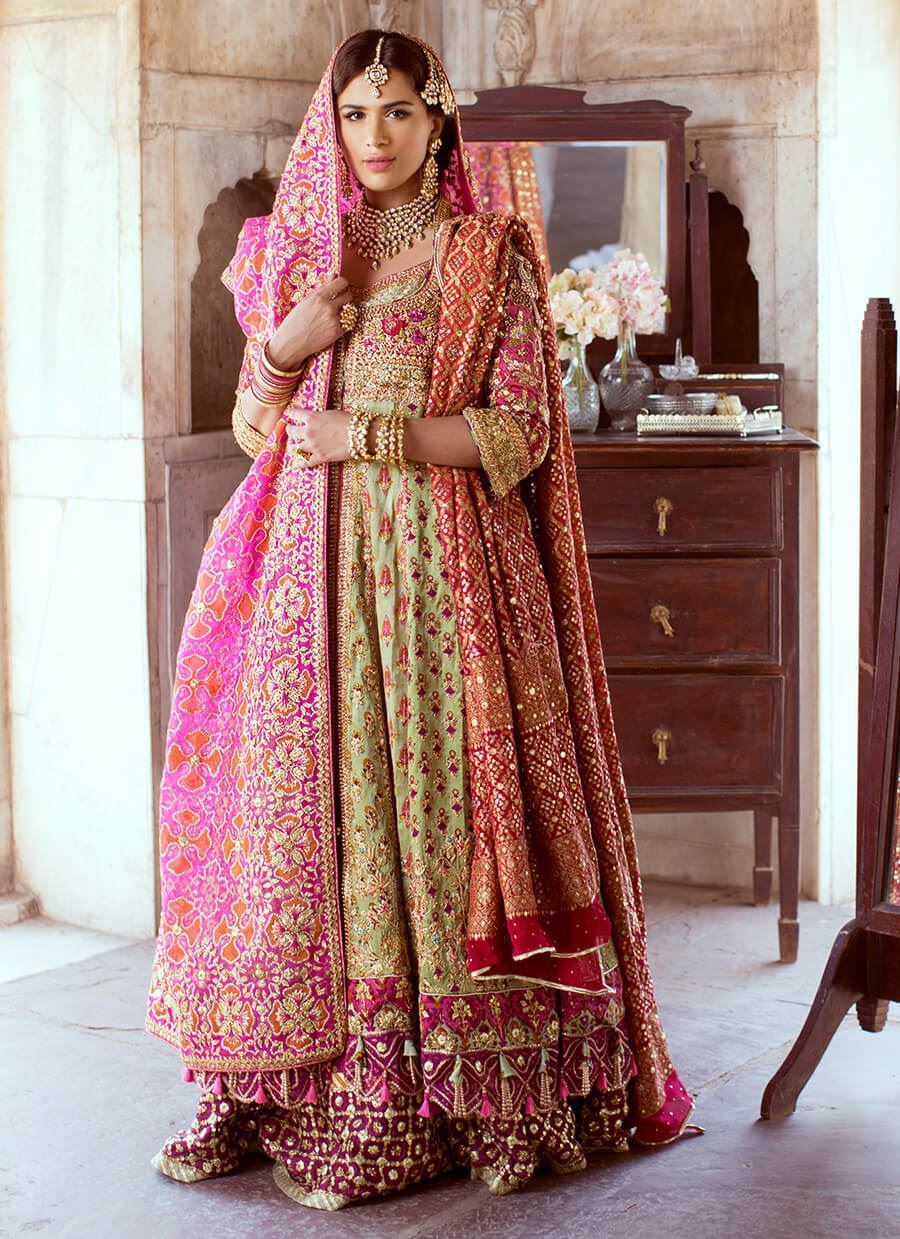 Pakistani Dhani Green Embroidered Silk Blend Pishwas Dress (3-Piece) - Image 1