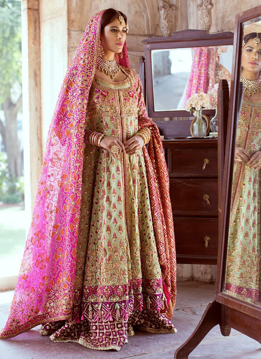 Pakistani Dhani Green Embroidered Silk Blend Pishwas Dress (3-Piece) - Image 6