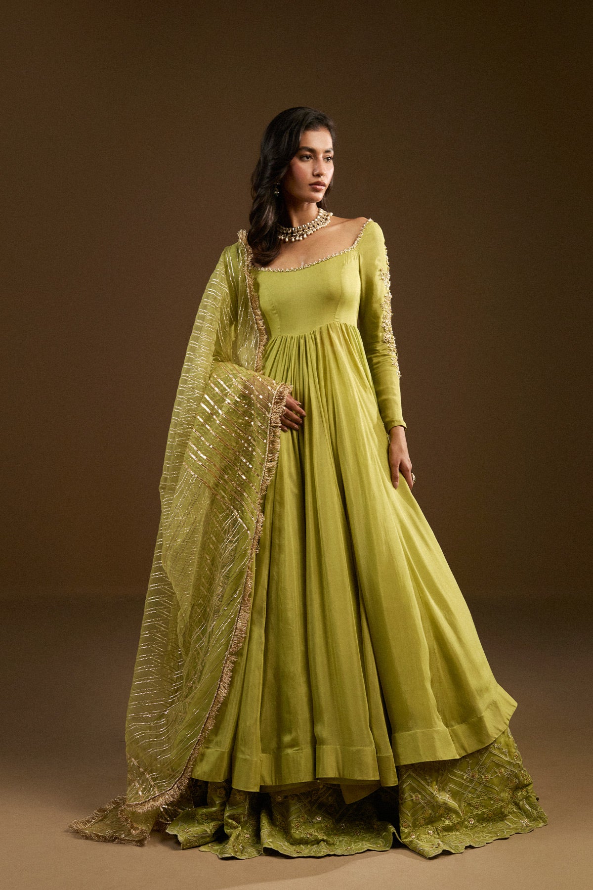 Lime Green Zardozi Silk Chiffon Pishwas (3-Piece) - Image 1