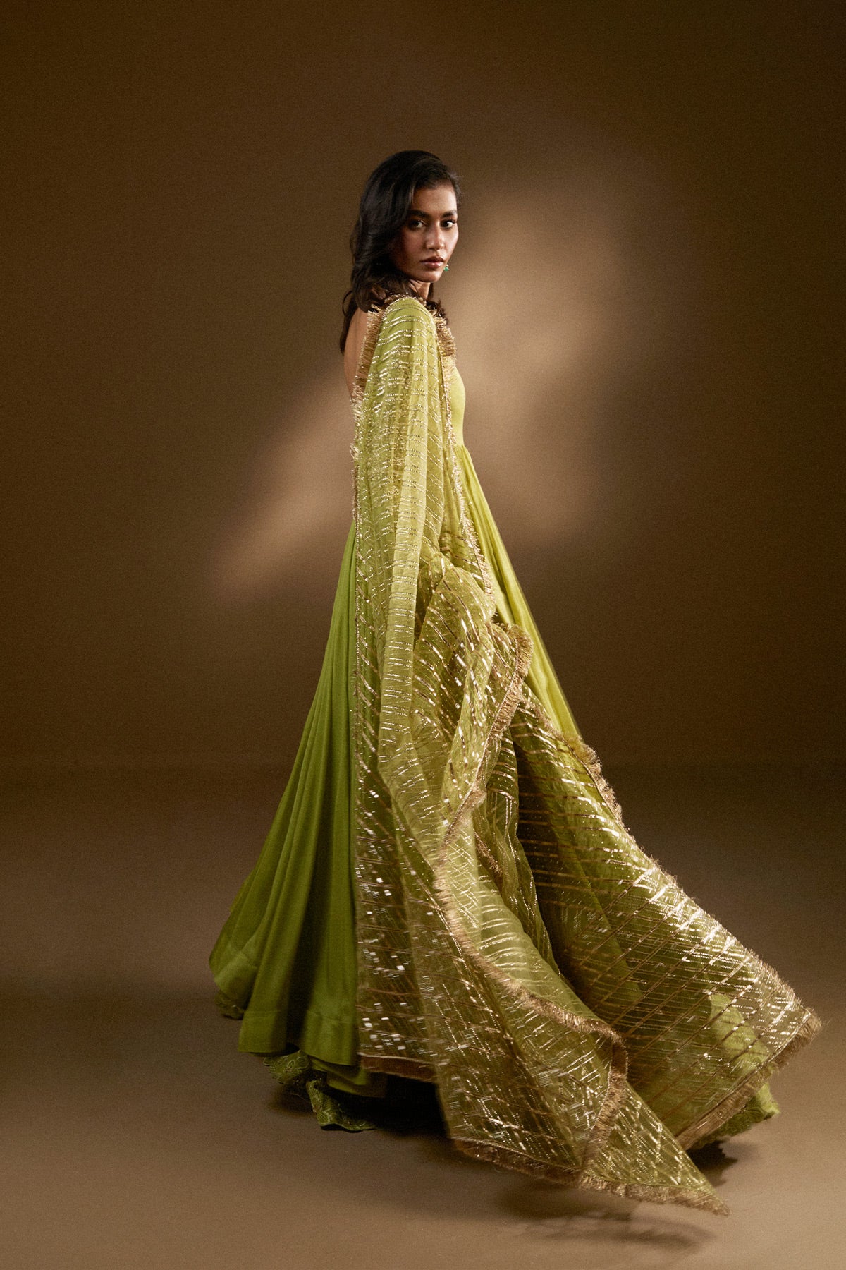 Lime Green Zardozi Silk Chiffon Pishwas (3-Piece) - Image 2