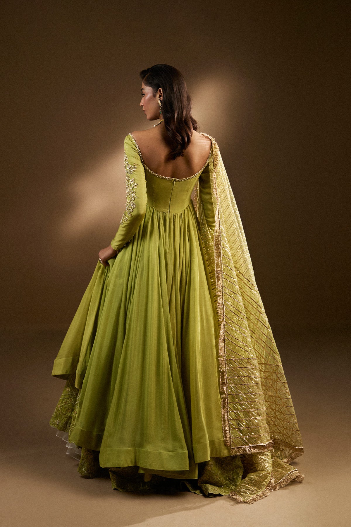 Lime Green Zardozi Silk Chiffon Pishwas (3-Piece) - Image 3