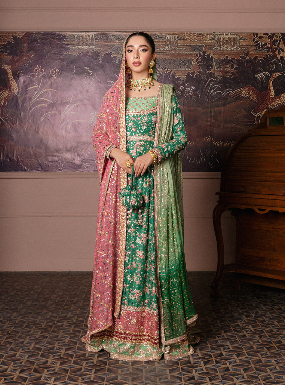 Pakistani Emerald Green Embroidered Silk & Khaddi Net Pishwas (2-Piece) - Image 1