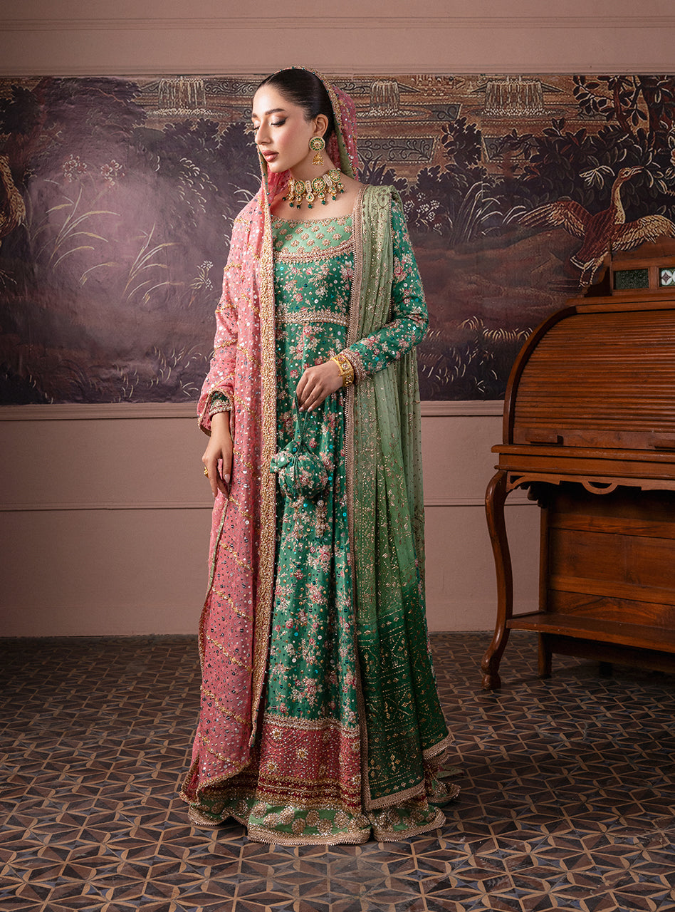 Pakistani Emerald Green Embroidered Silk & Khaddi Net Pishwas (2-Piece) - Image 10