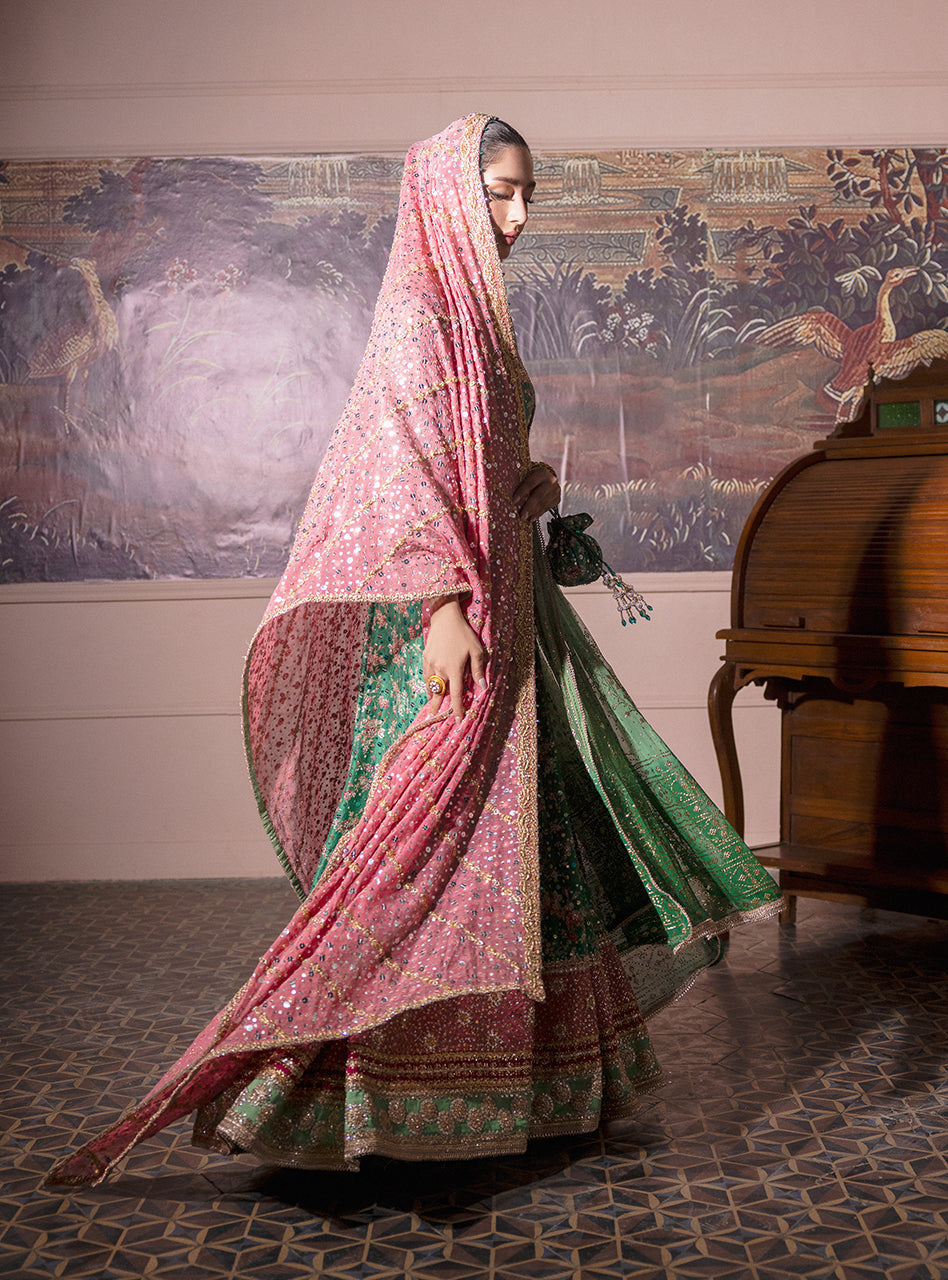 Pakistani Emerald Green Embroidered Silk & Khaddi Net Pishwas (2-Piece) - Image 11