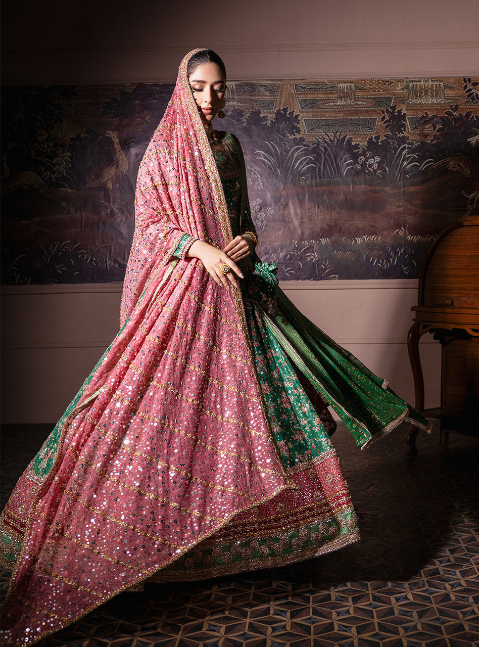 Pakistani Emerald Green Embroidered Silk & Khaddi Net Pishwas (2-Piece) - Image 15