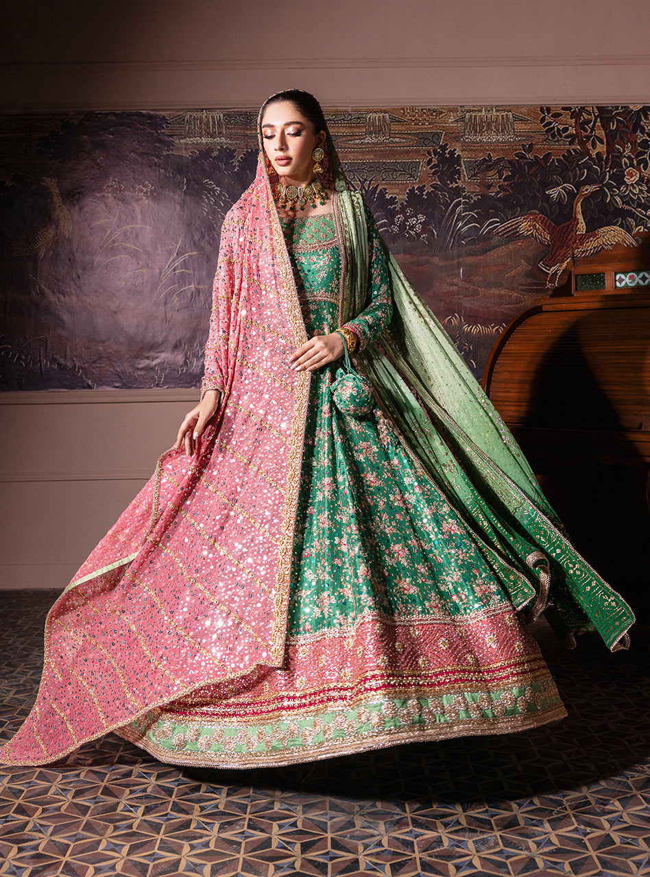 Pakistani Emerald Green Embroidered Silk & Khaddi Net Pishwas (2-Piece) - Image 16