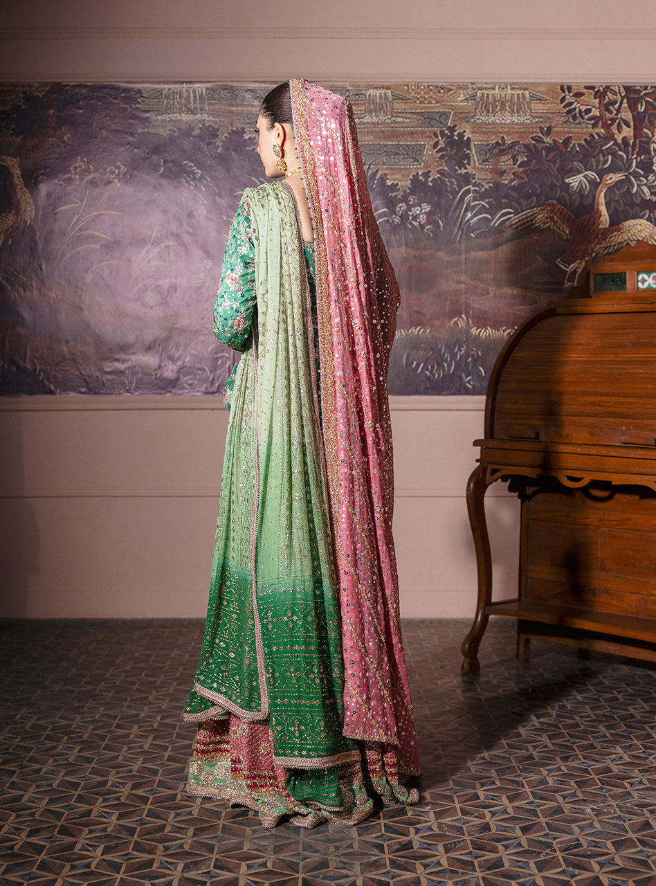 Pakistani Emerald Green Embroidered Silk & Khaddi Net Pishwas (2-Piece) - Image 17