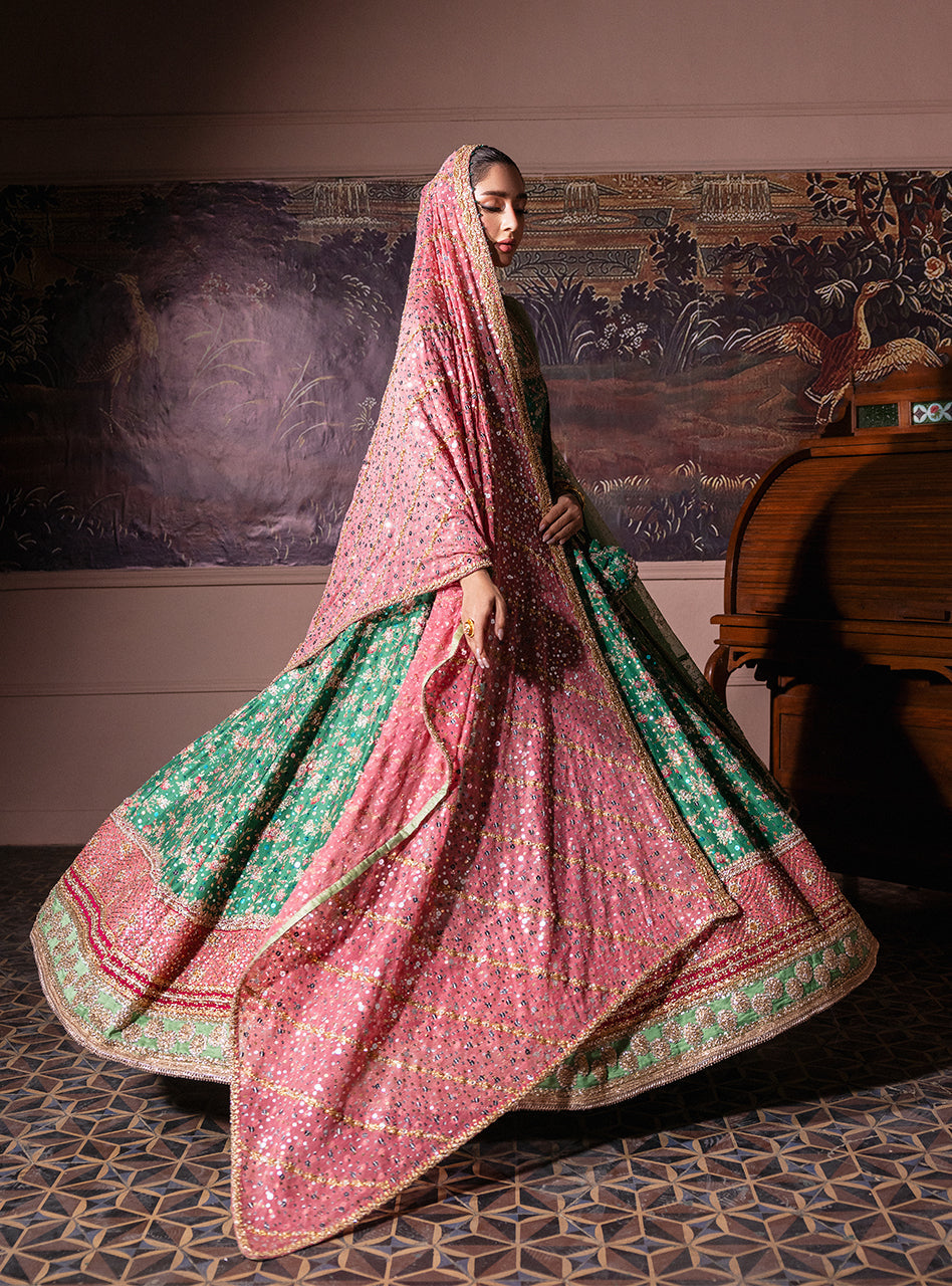 Pakistani Emerald Green Embroidered Silk & Khaddi Net Pishwas (2-Piece) - Image 18