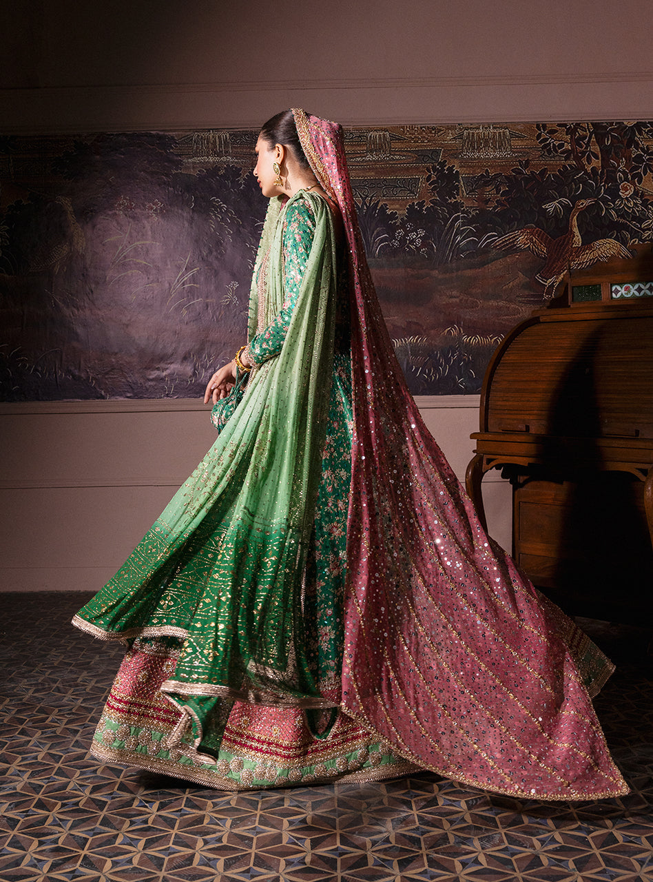 Pakistani Emerald Green Embroidered Silk & Khaddi Net Pishwas (2-Piece) - Image 19