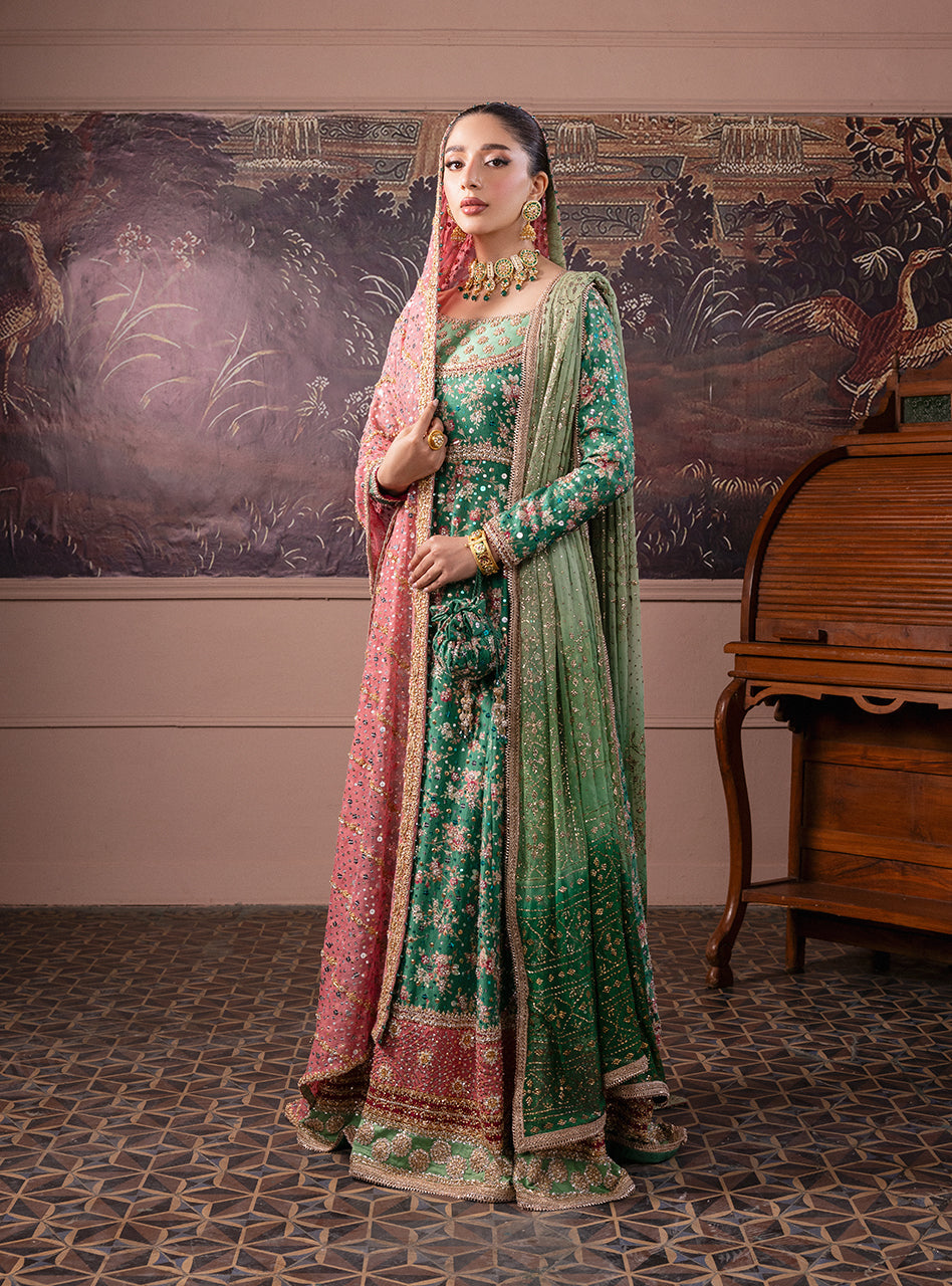 Pakistani Emerald Green Embroidered Silk & Khaddi Net Pishwas (2-Piece) - Image 2