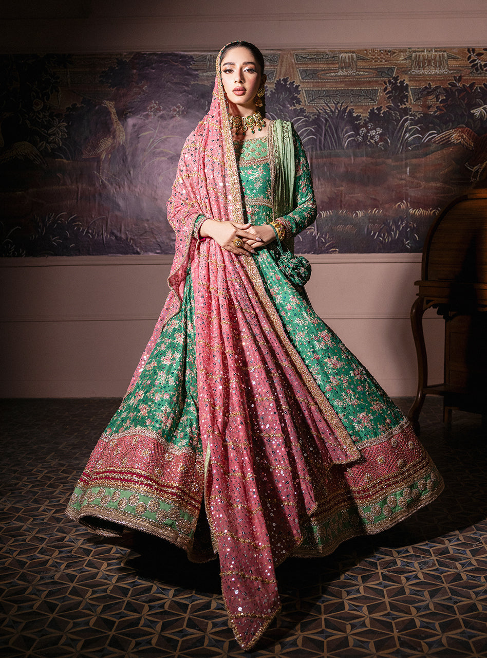 Pakistani Emerald Green Embroidered Silk & Khaddi Net Pishwas (2-Piece) - Image 20