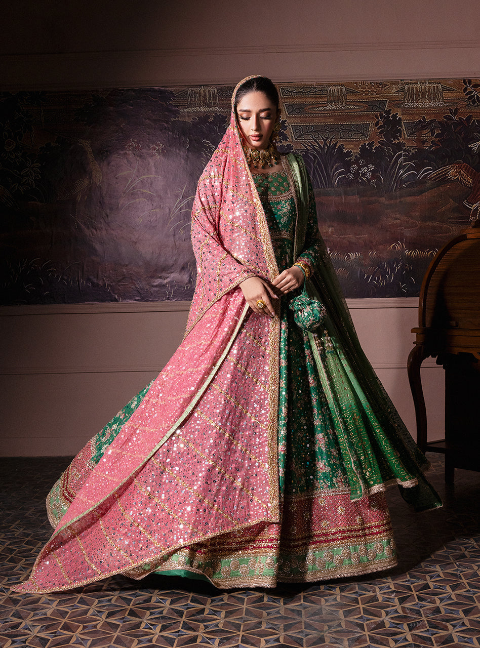 Pakistani Emerald Green Embroidered Silk & Khaddi Net Pishwas (2-Piece) - Image 21