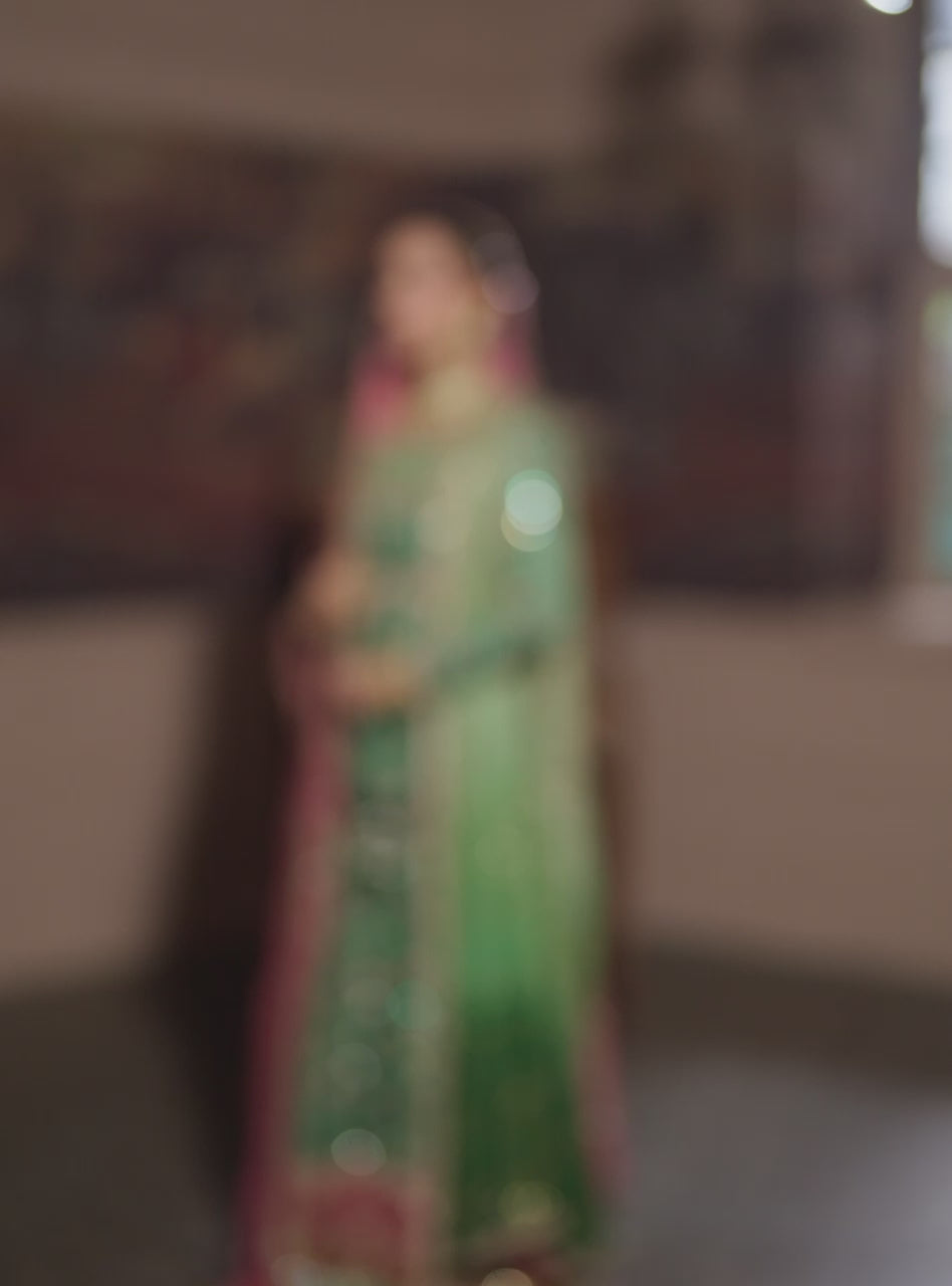 Pakistani Emerald Green Embroidered Silk & Khaddi Net Pishwas (2-Piece) - Image 22