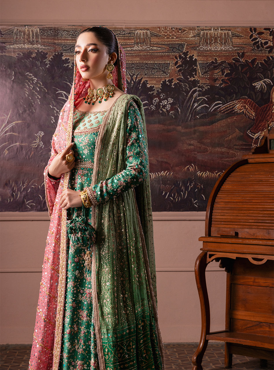 Pakistani Emerald Green Embroidered Silk & Khaddi Net Pishwas (2-Piece) - Image 23