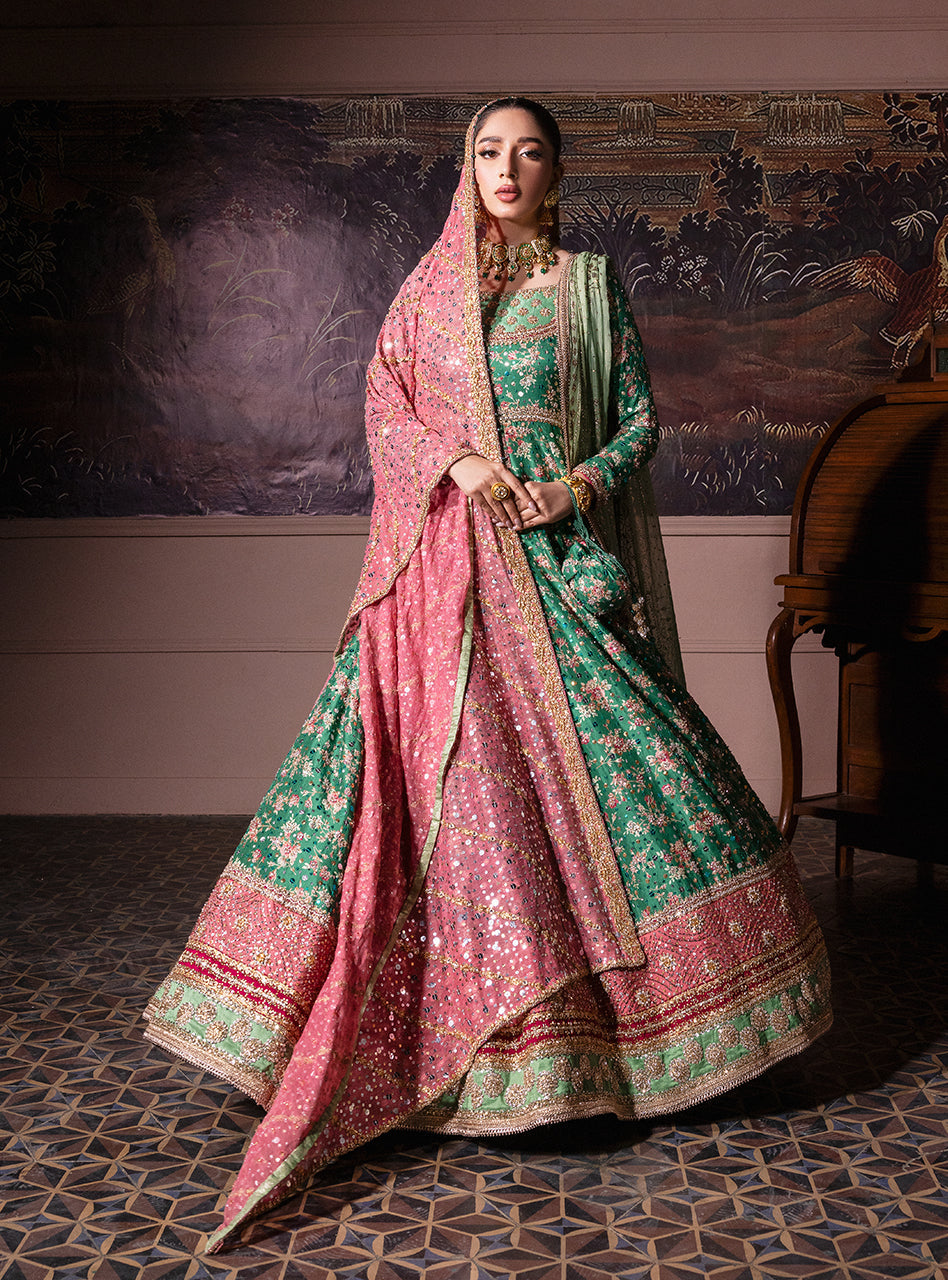 Pakistani Emerald Green Embroidered Silk & Khaddi Net Pishwas (2-Piece) - Image 24