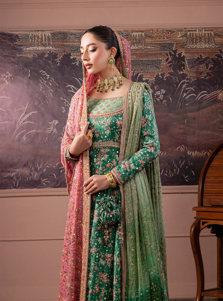 Pakistani Emerald Green Embroidered Silk & Khaddi Net Pishwas (2-Piece) - Image 3