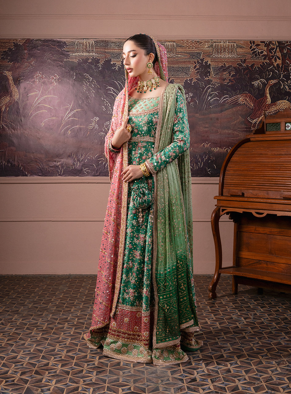 Pakistani Emerald Green Embroidered Silk & Khaddi Net Pishwas (2-Piece) - Image 4