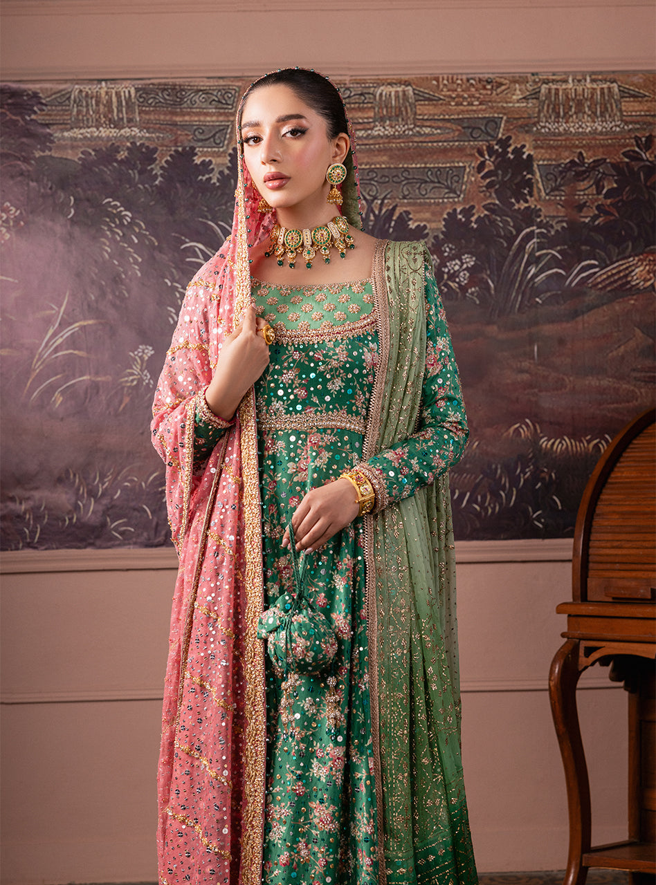 Pakistani Emerald Green Embroidered Silk & Khaddi Net Pishwas (2-Piece) - Image 5