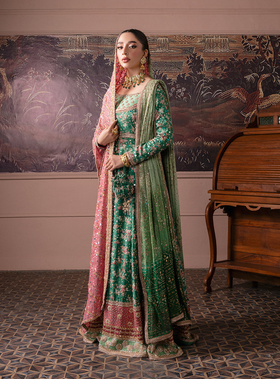 Pakistani Emerald Green Embroidered Silk & Khaddi Net Pishwas (2-Piece) - Image 6