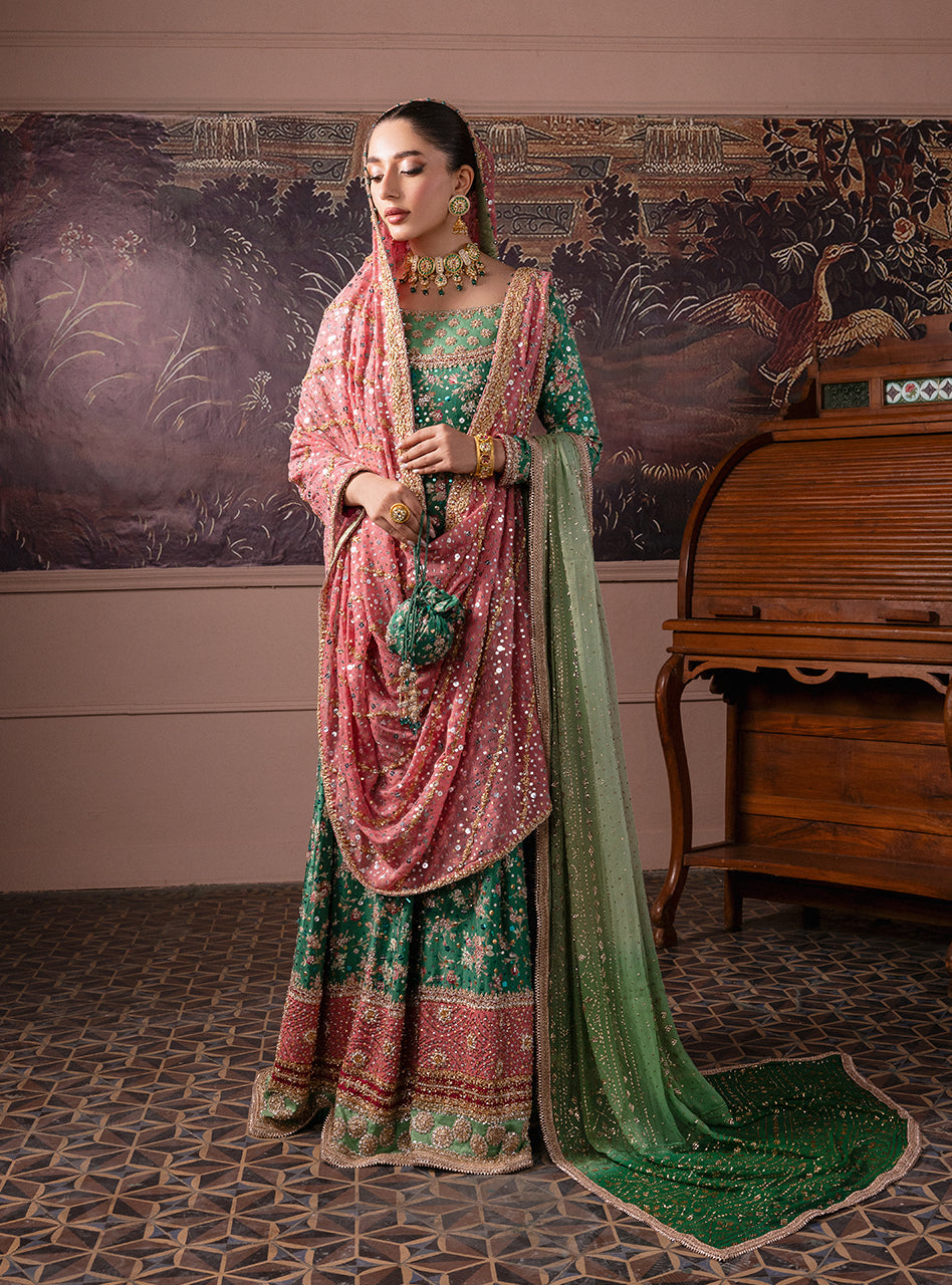 Pakistani Emerald Green Embroidered Silk & Khaddi Net Pishwas (2-Piece) - Image 7