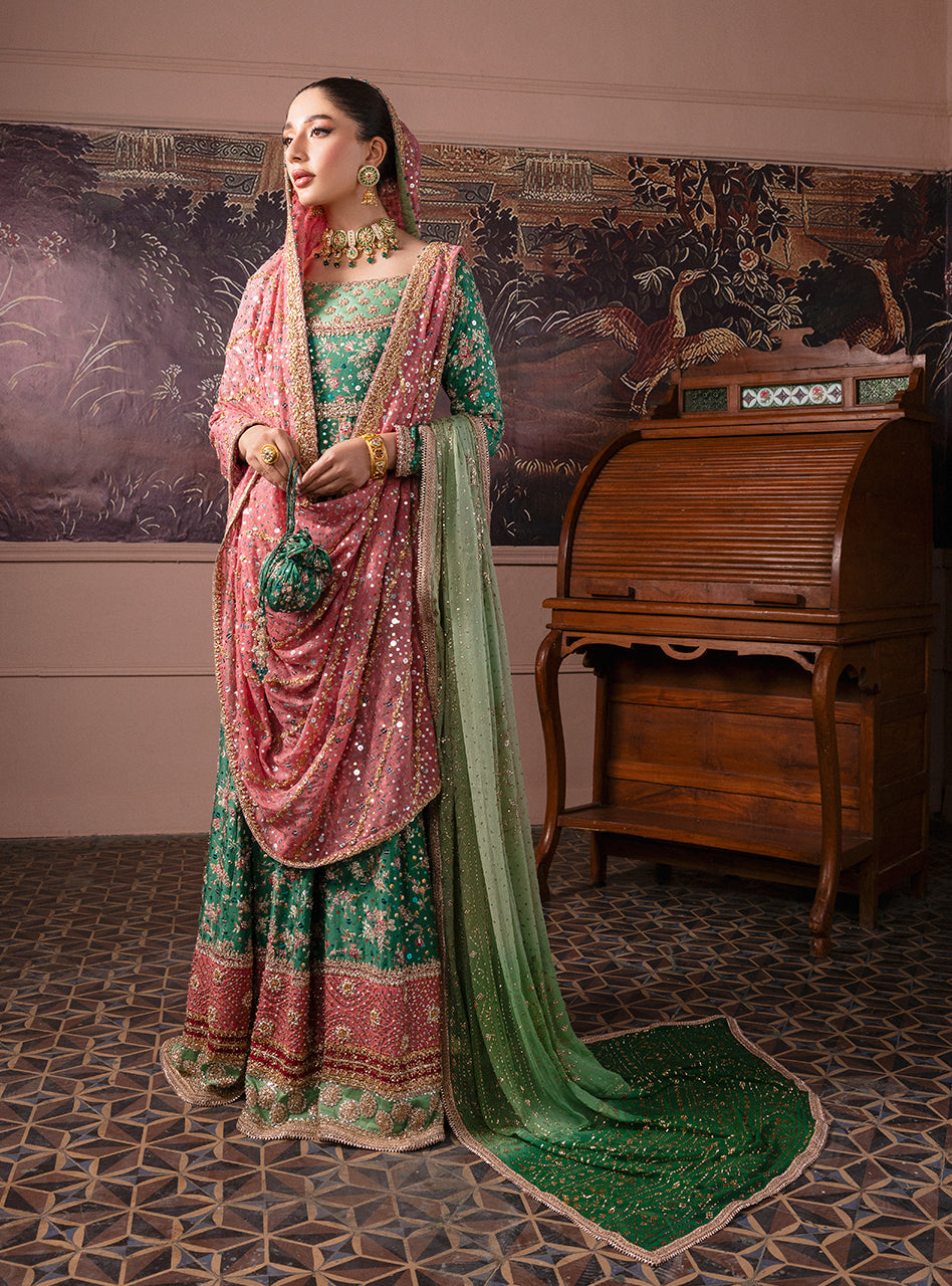 Pakistani Emerald Green Embroidered Silk & Khaddi Net Pishwas (2-Piece) - Image 8