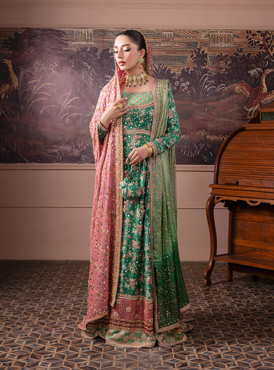 Pakistani Emerald Green Embroidered Silk & Khaddi Net Pishwas (2-Piece) - Image 9