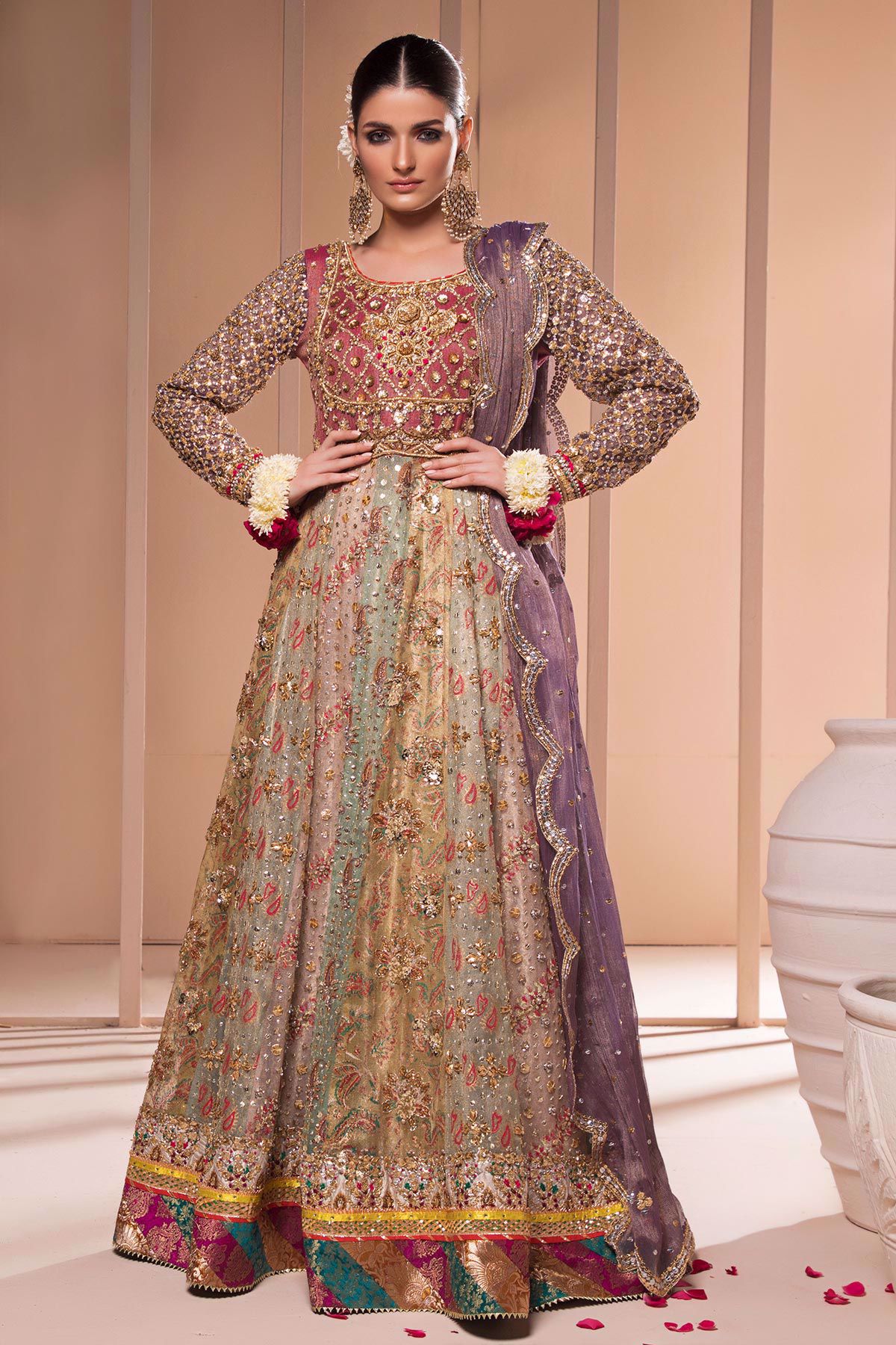 Pakistani Green Hand-Embellished Silk Pishwas Dress (3-Piece) - Image 1