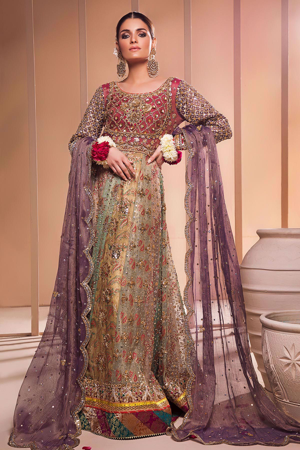 Pakistani Green Hand-Embellished Silk Pishwas Dress (3-Piece) - Image 4