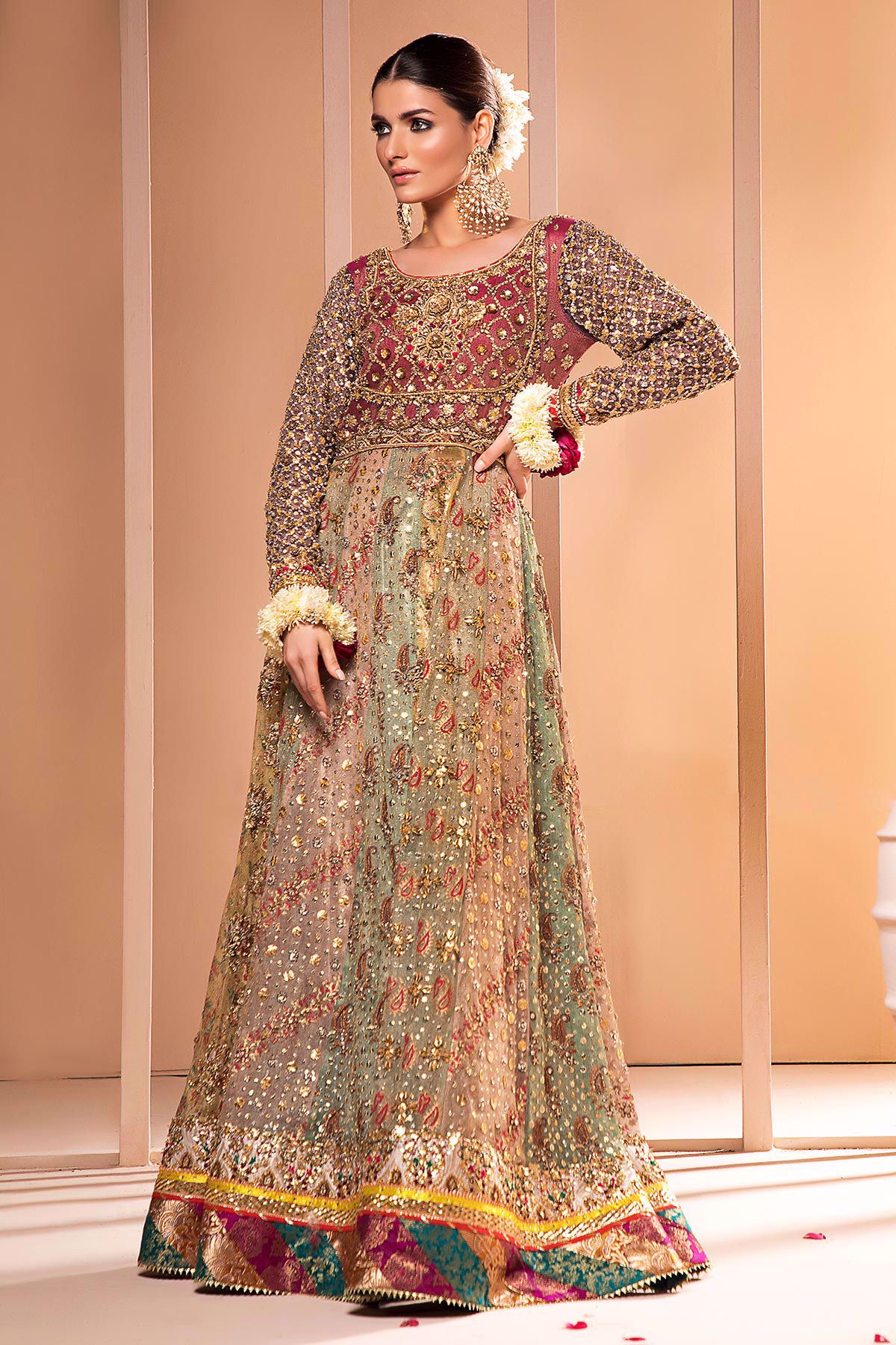 Pakistani Green Hand-Embellished Silk Pishwas Dress (3-Piece) - Image 5