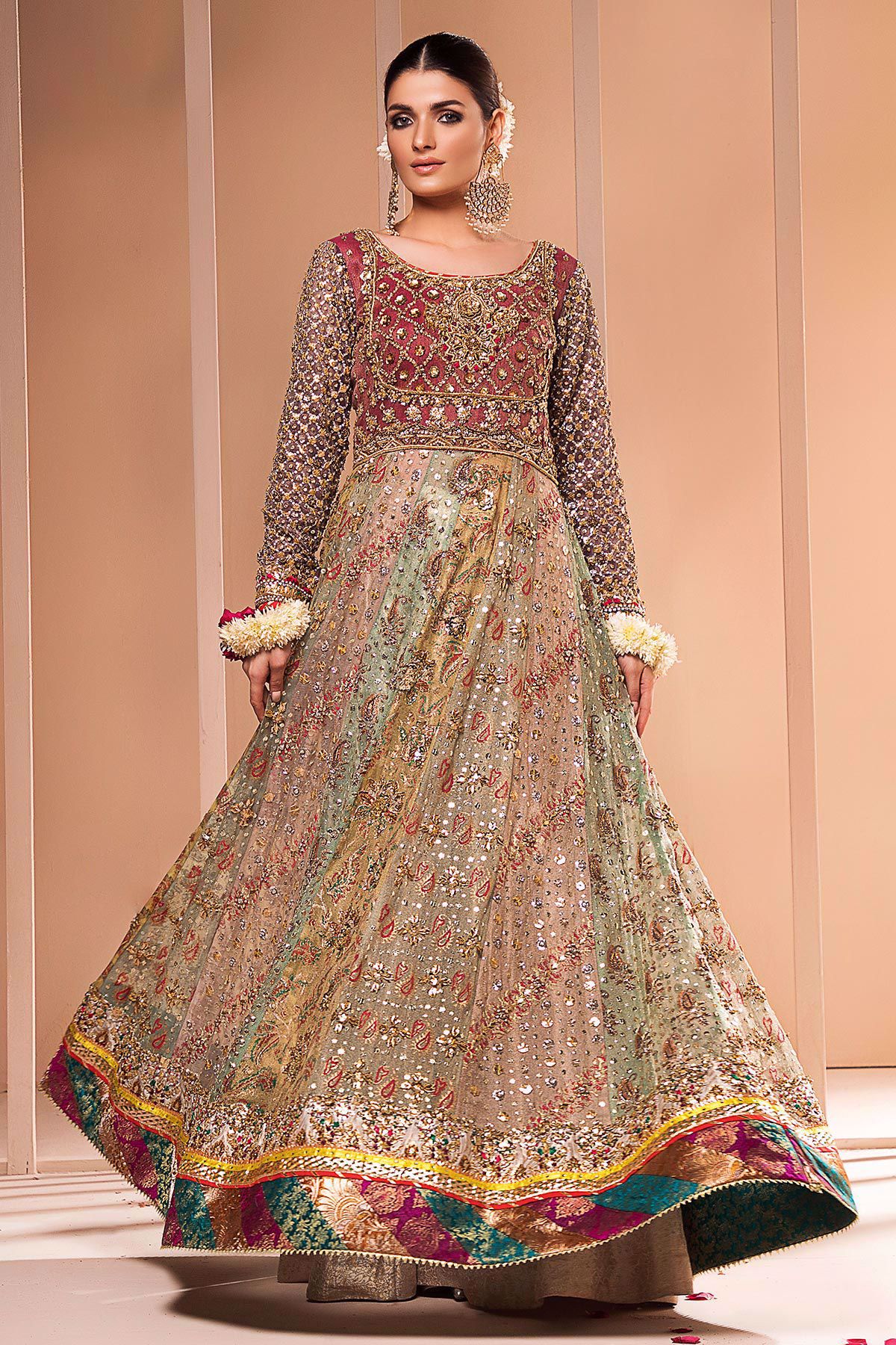 Pakistani Green Hand-Embellished Silk Pishwas Dress (3-Piece) - Image 6