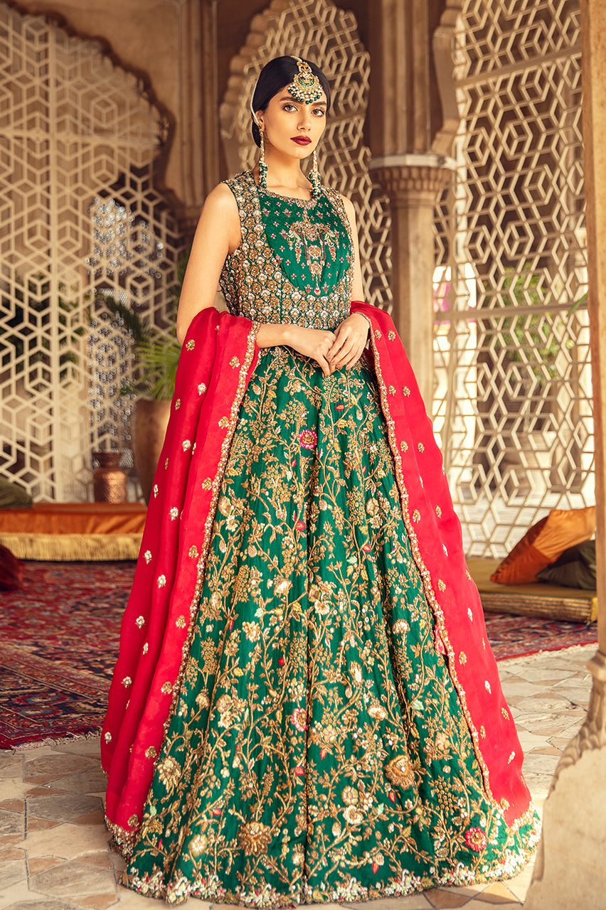 Indian Emerald Green Hand Embroidered Silk Jamawar Pishwas (2-Piece) - Image 1