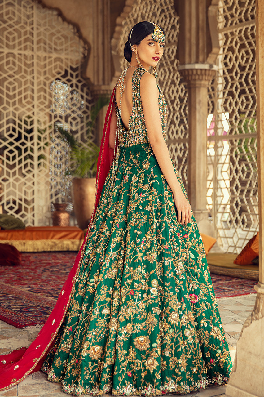 Indian Emerald Green Hand Embroidered Silk Jamawar Pishwas (2-Piece) - Image 2