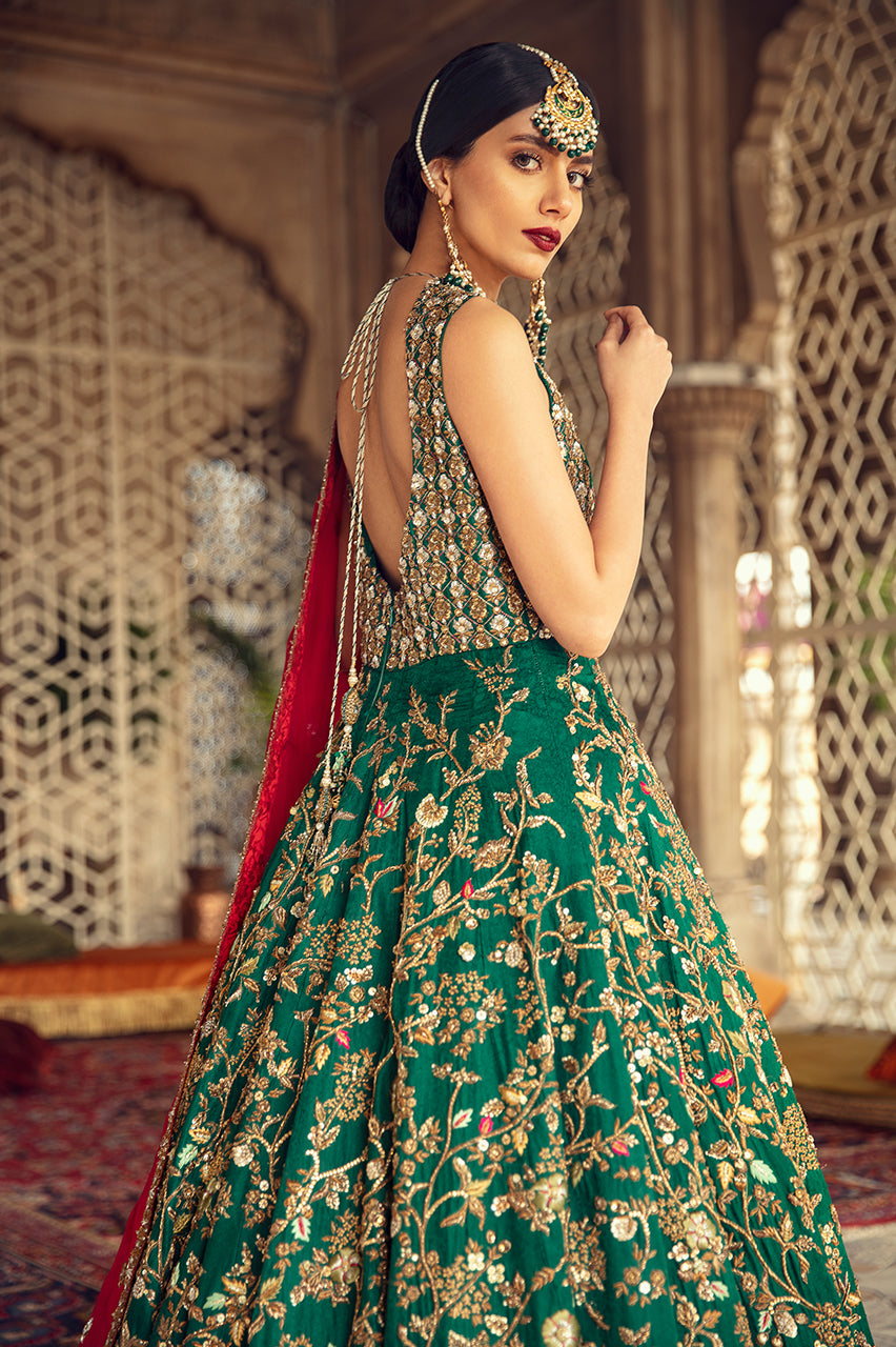 Indian Emerald Green Hand Embroidered Silk Jamawar Pishwas (2-Piece) - Image 3