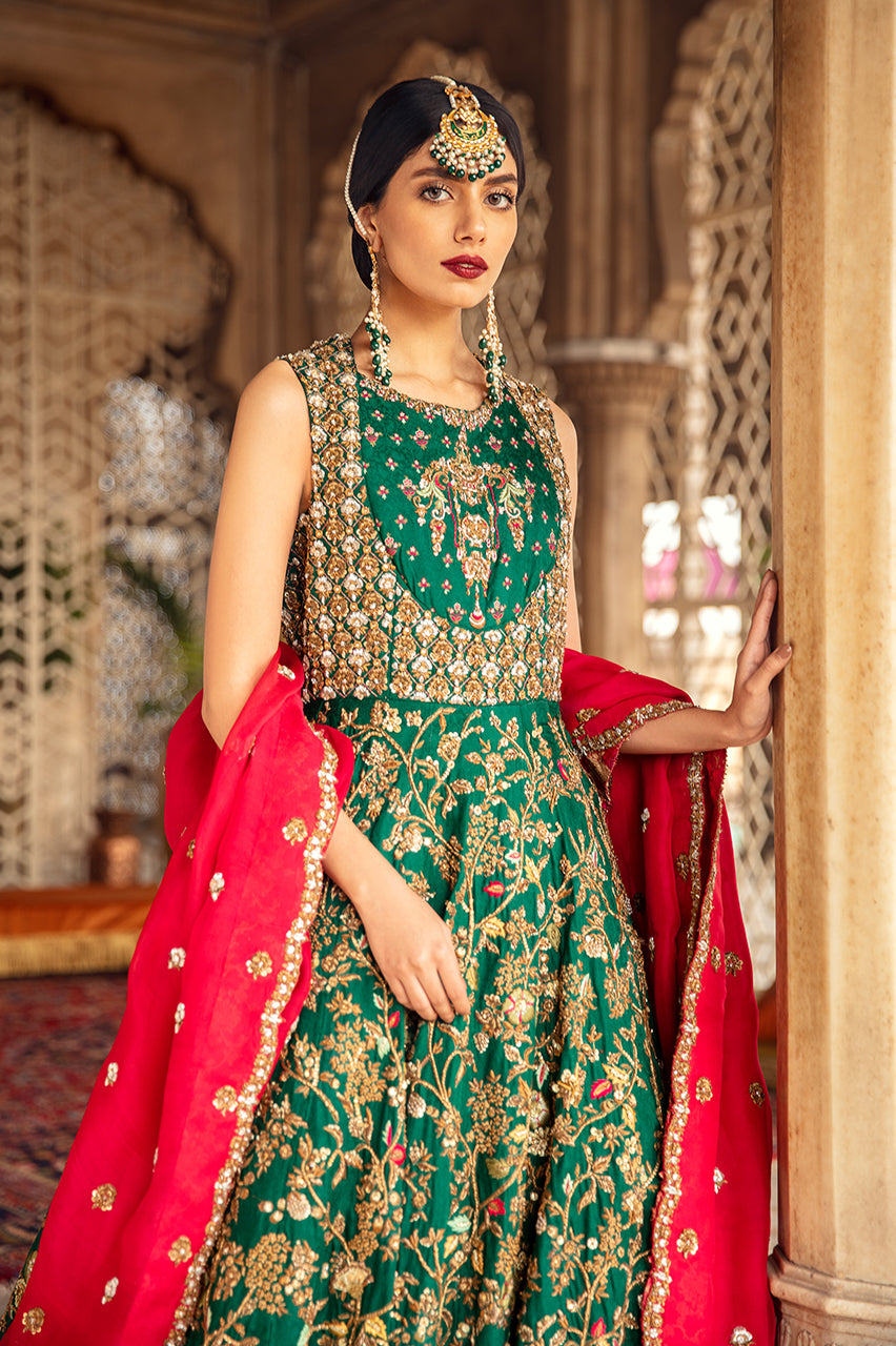 Indian Emerald Green Hand Embroidered Silk Jamawar Pishwas (2-Piece) - Image 4