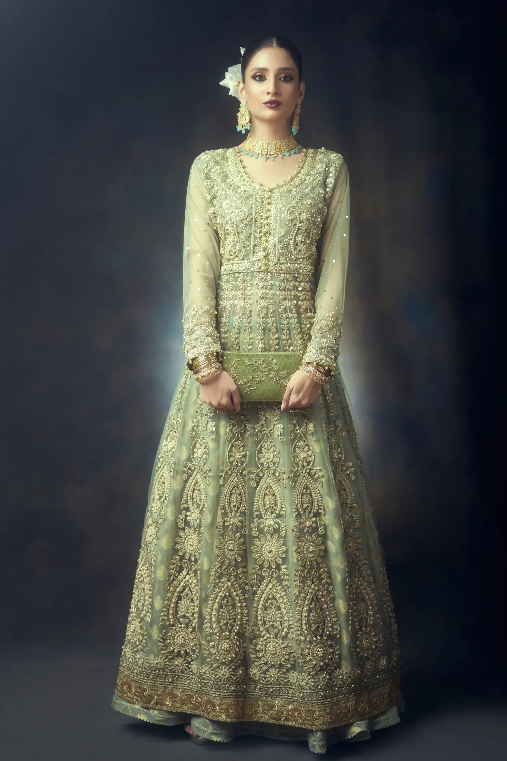 Pakistani Tea-Green Kora Dabka Silk & Chiffon Pishwas (With Lehenga) - Image 1