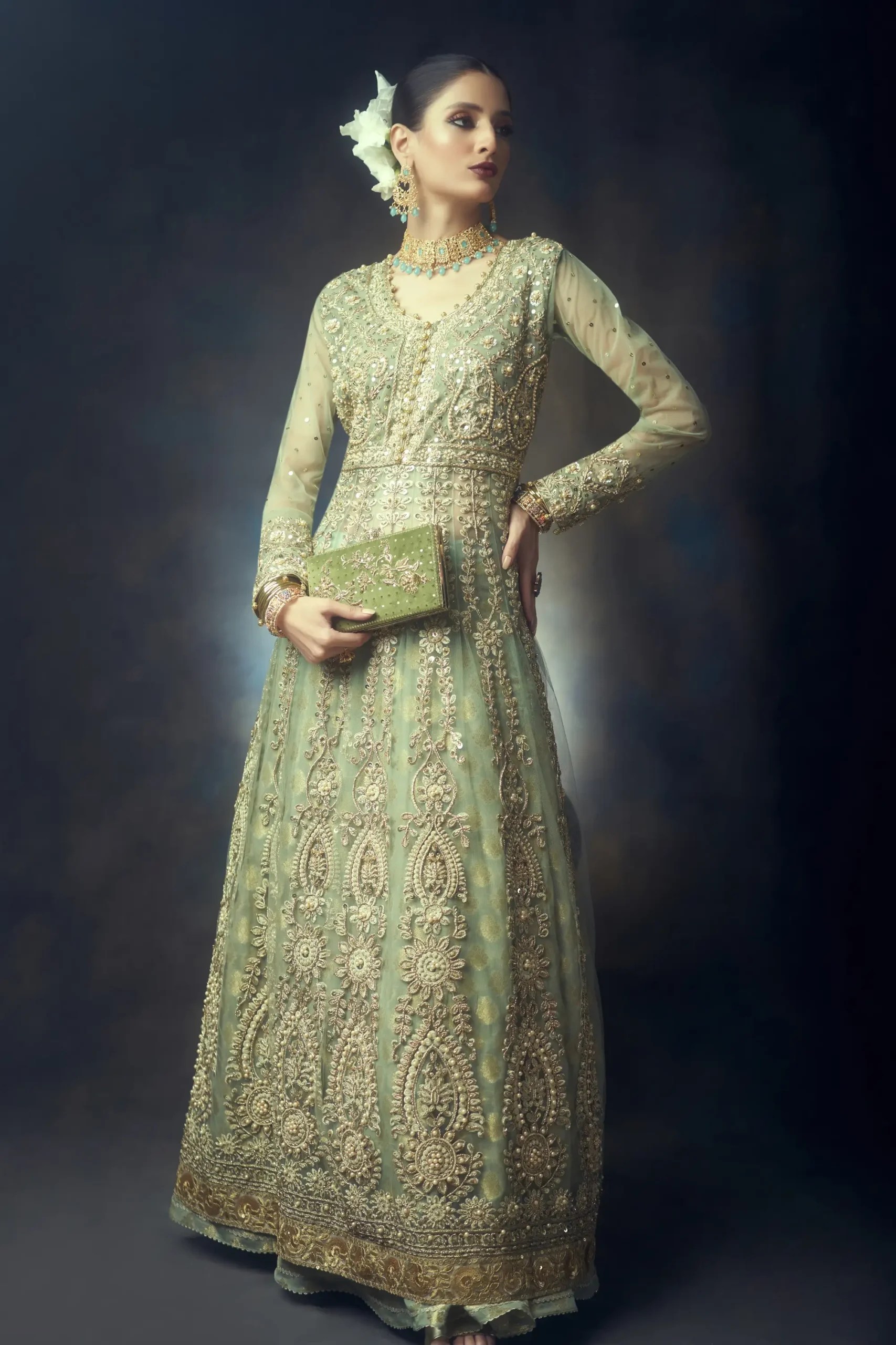 Pakistani Tea-Green Kora Dabka Silk & Chiffon Pishwas (With Lehenga) - Image 2