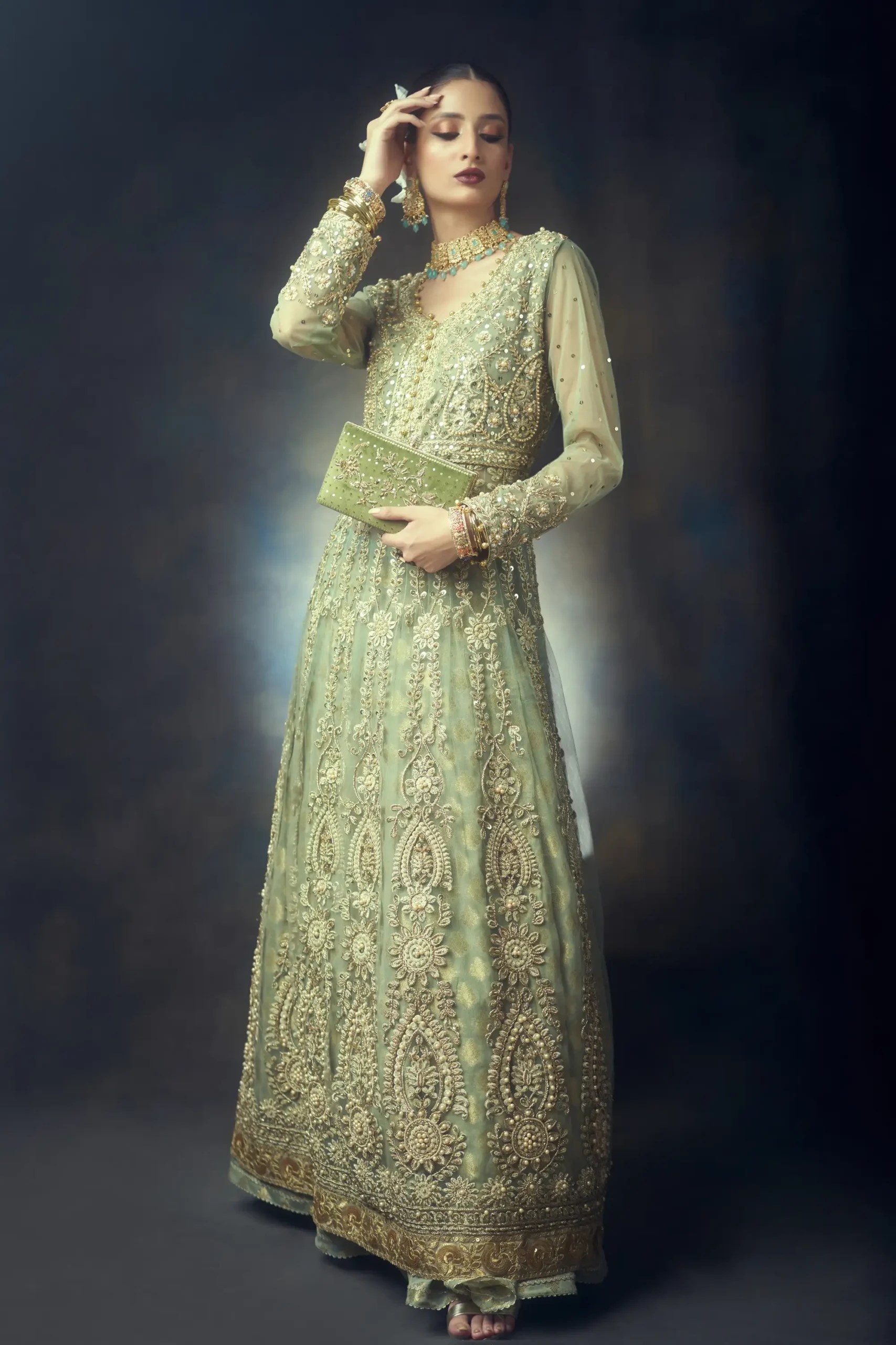 Pakistani Tea-Green Kora Dabka Silk & Chiffon Pishwas (With Lehenga) - Image 3