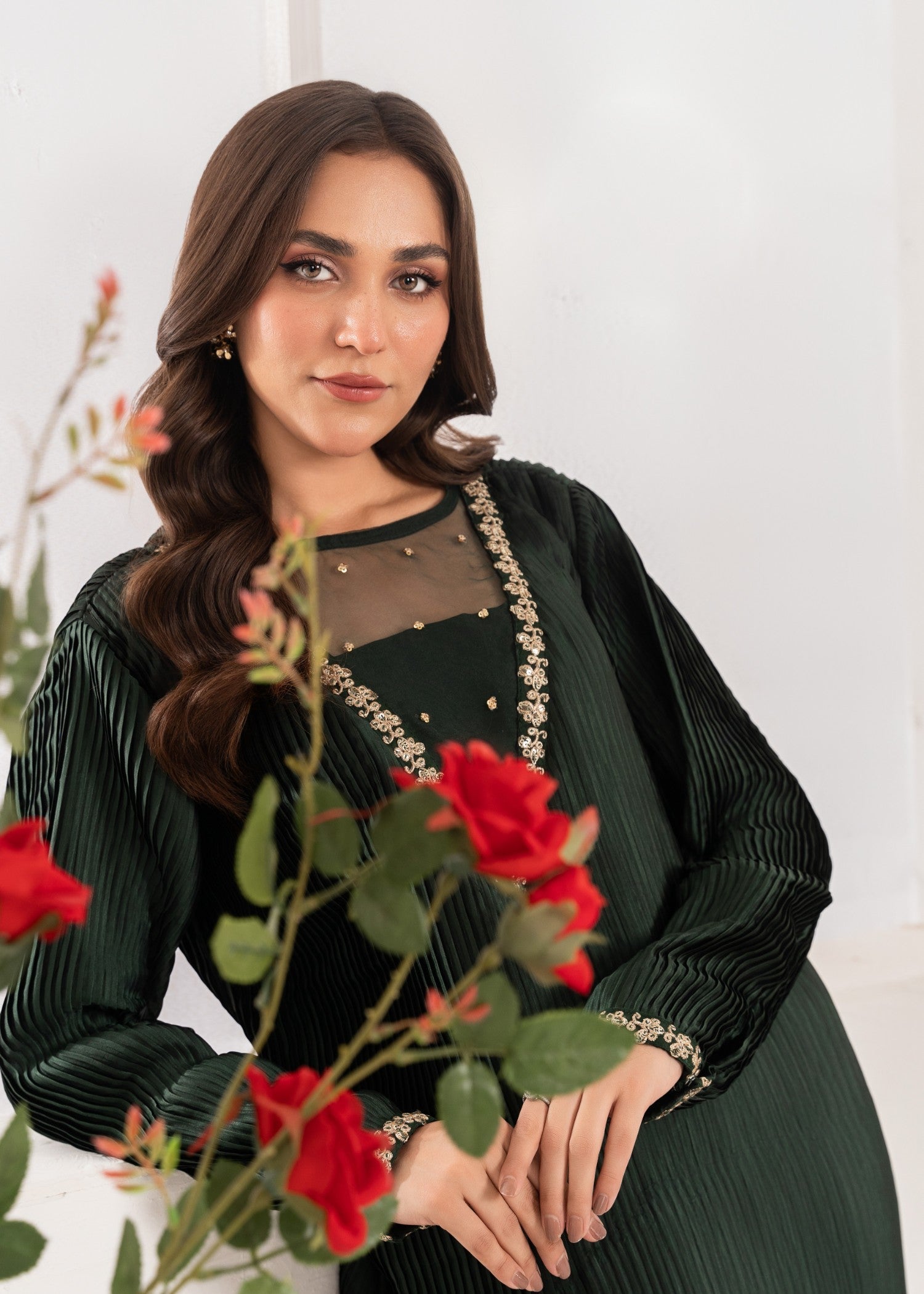 Pakistani Dark Green Embroidered Silk Pishwas (2-Piece) - Image 8