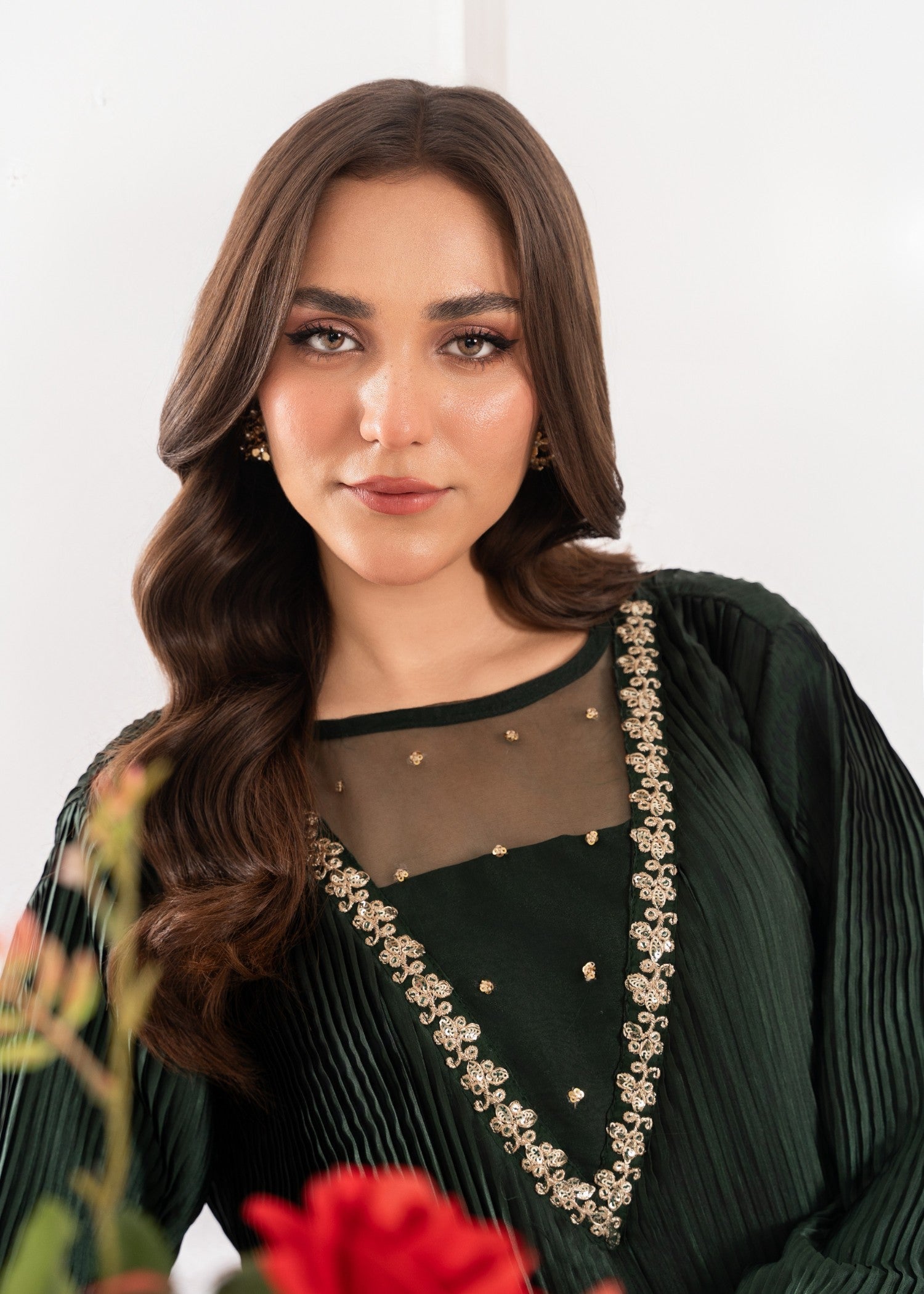 Pakistani Dark Green Embroidered Silk Pishwas (2-Piece) - Image 9