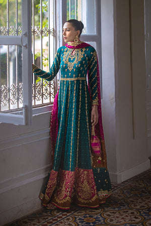 Emerald Green Marori Appliqué Silk Net Pishwas (3-Piece) - Image 4