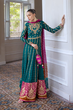 Emerald Green Marori Appliqué Silk Net Pishwas (3-Piece) - Image 5