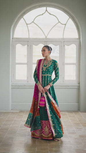 Emerald Green Marori Appliqué Silk Net Pishwas (3-Piece) - Image 7