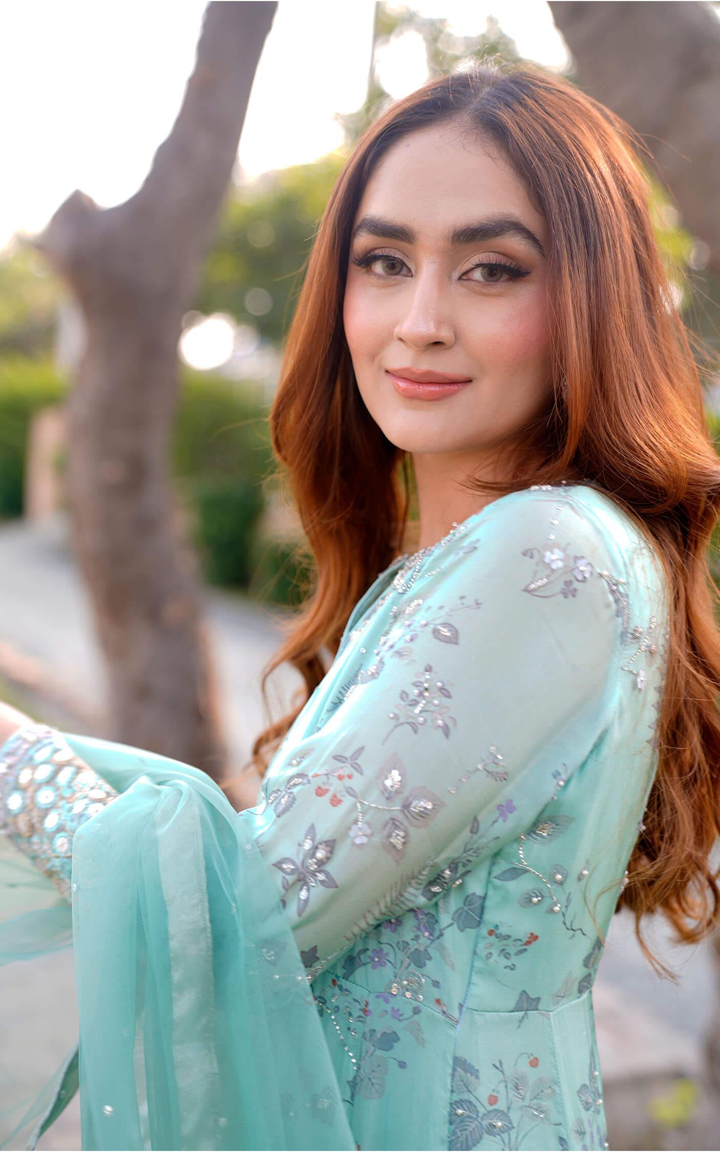 Aqua Green Embroidered Silk Pishwas Dress (3-Piece) - Image 1