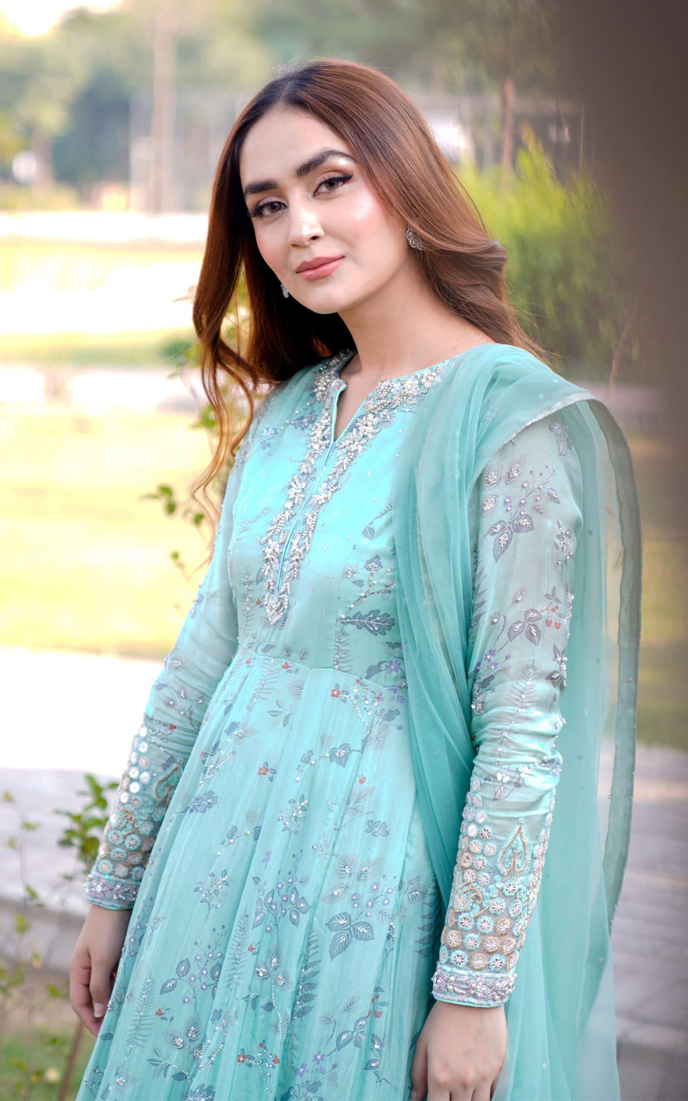 Aqua Green Embroidered Silk Pishwas Dress (3-Piece) - Image 10