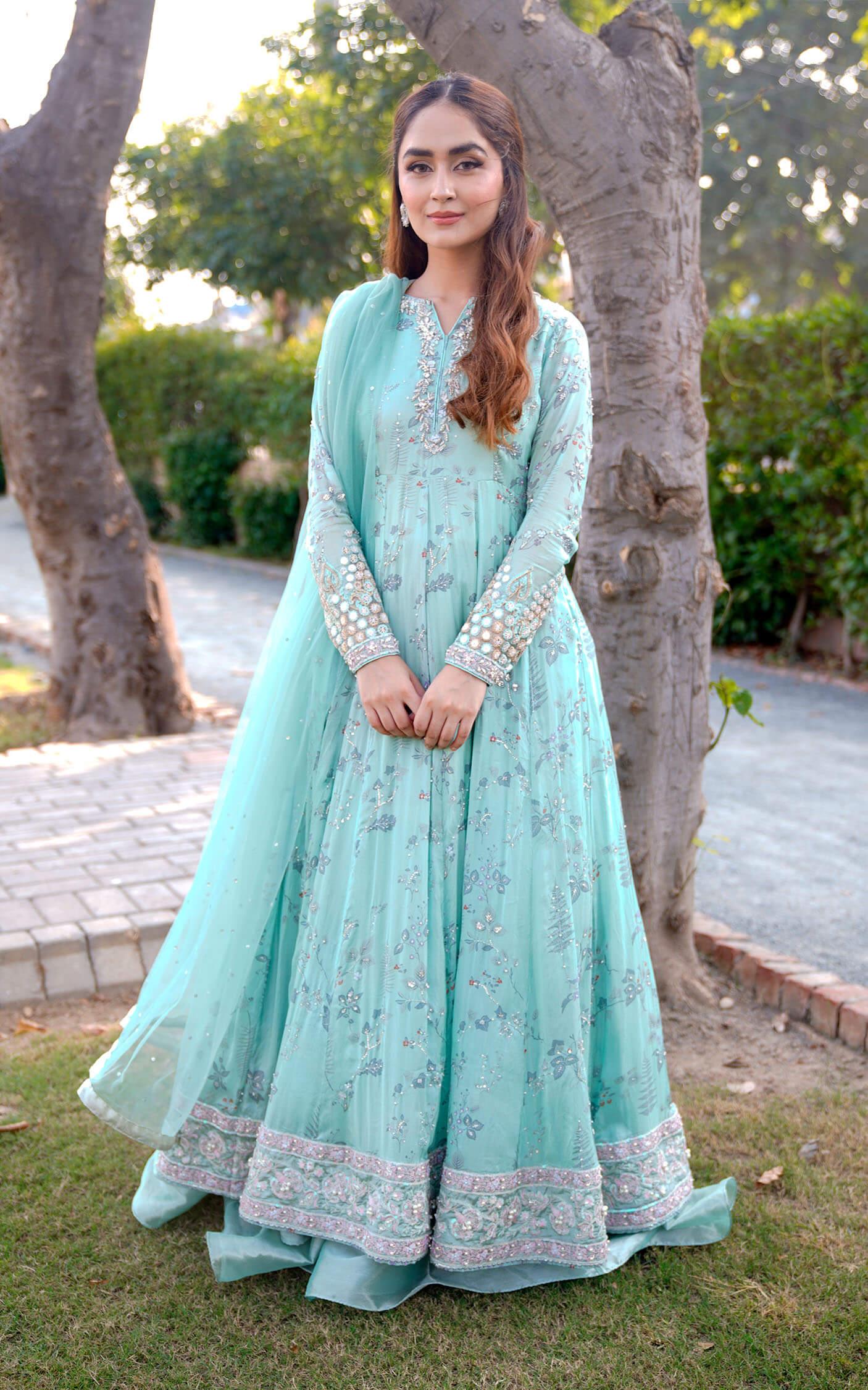 Aqua Green Embroidered Silk Pishwas Dress (3-Piece) - Image 2