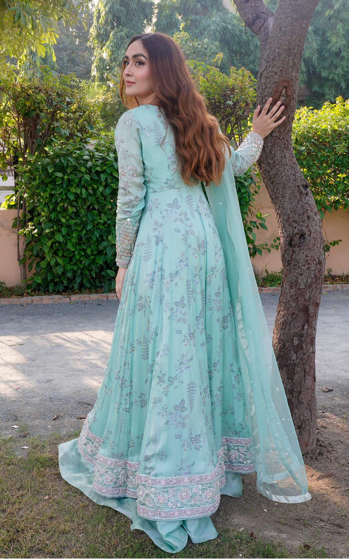 Aqua Green Embroidered Silk Pishwas Dress (3-Piece) - Image 3