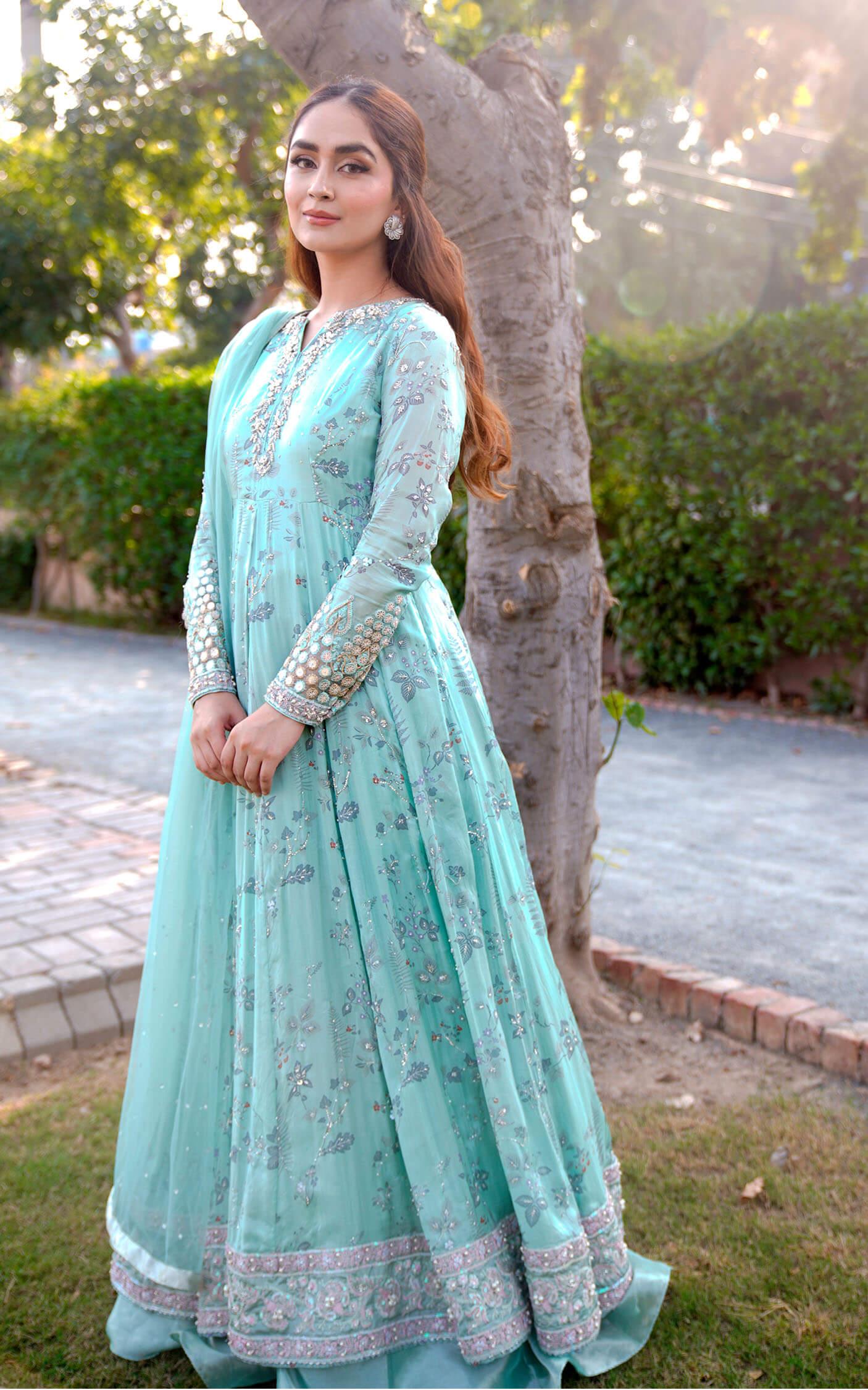 Aqua Green Embroidered Silk Pishwas Dress (3-Piece) - Image 4